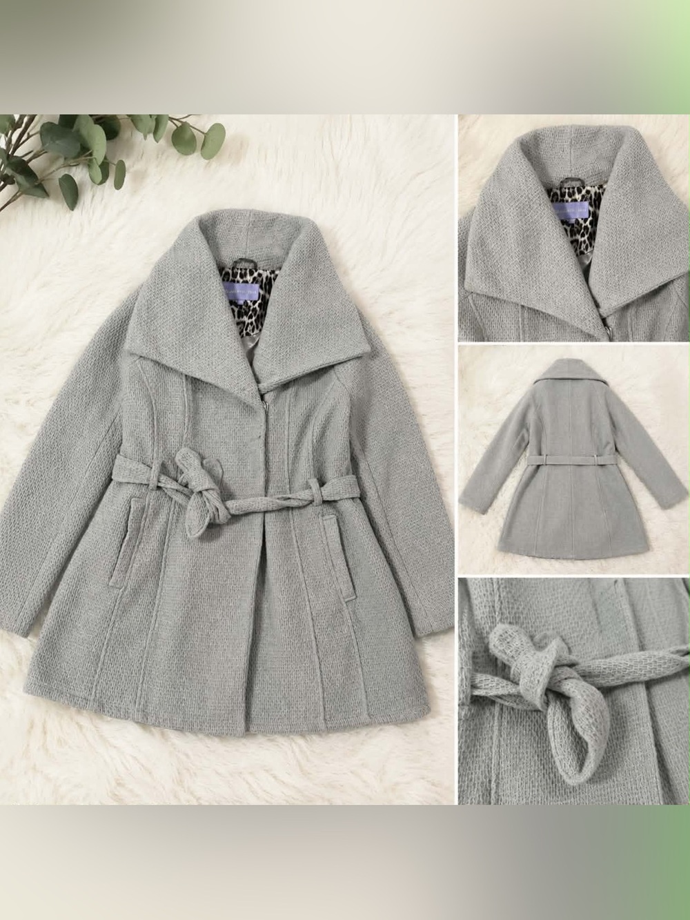 Women Gray Belted Wool-Blend Coat
